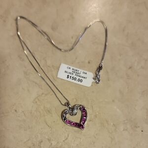Silver Heart Pendant Necklace with Pink Accents